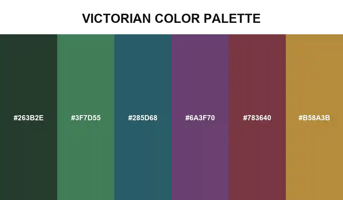 Victorian color palette with bronze green, arsenic green, peacock blue, mauveine, purple red, and gold HEX values