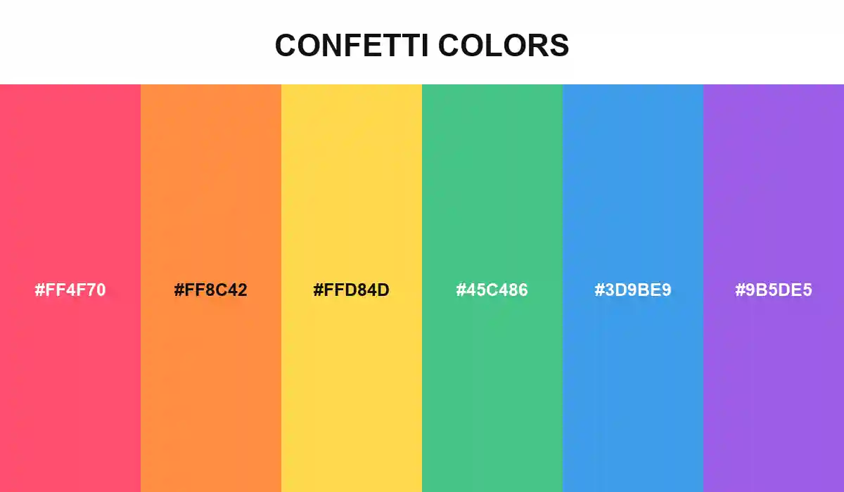 Confetti color palette with bright pink, orange, yellow, green, blue, and purple HEX values