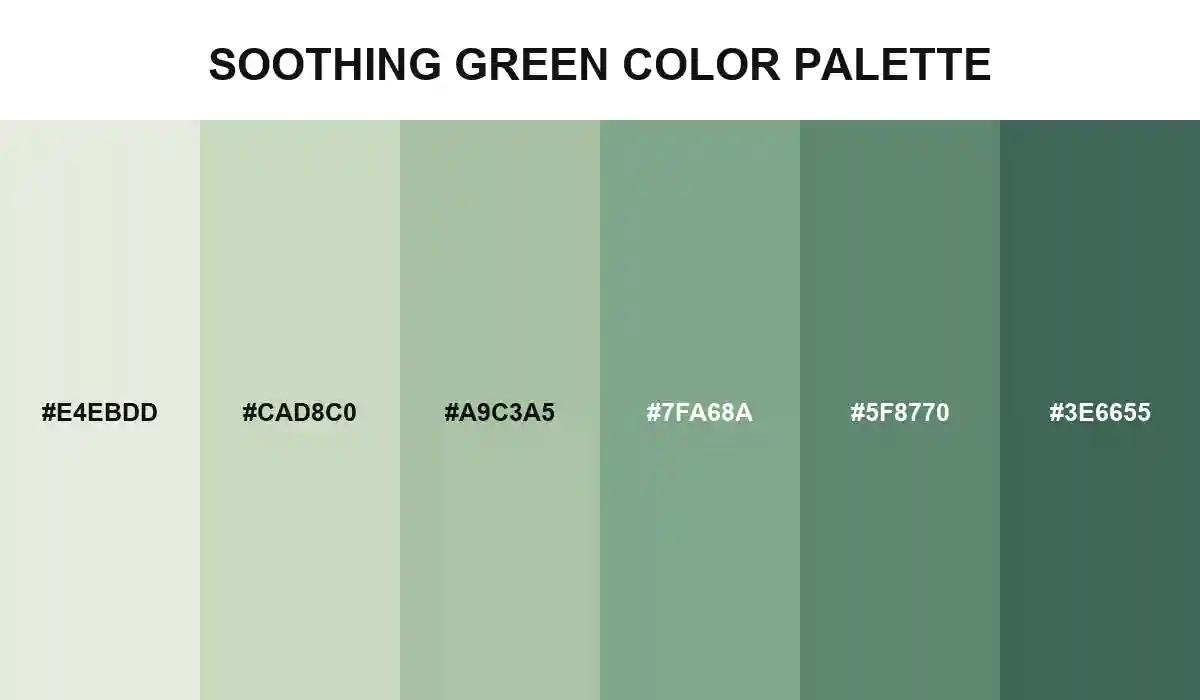 Soothing Green Color Palette with pale mist, sage, eucalyptus, leaf, and deep shaded green HEX values