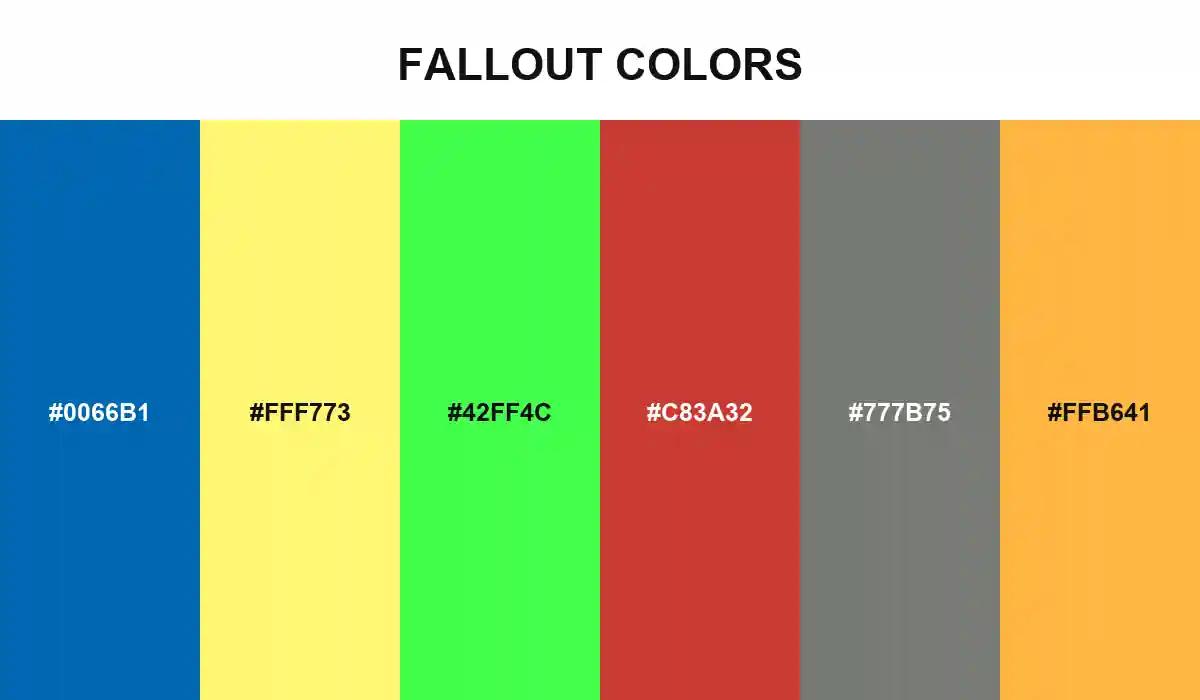 Fallout color palette with Vault-Tec blue and yellow, Pip-Boy green, Nuka-Cola red, steel gray, and New Vegas amber HEX values