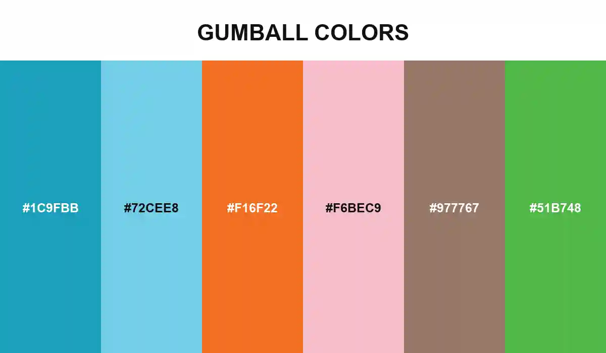 Gumball color palette with cyan blue, light blue, orange, light pink, brown, and green HEX values