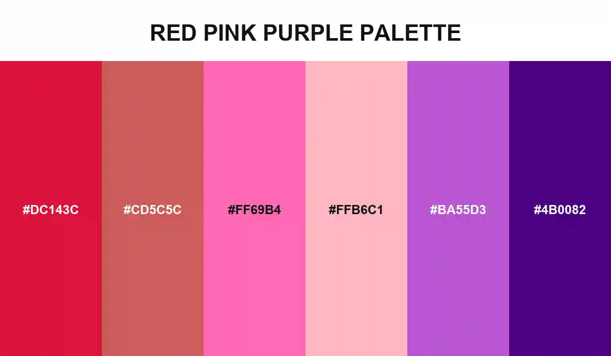 Red Pink Purple palette with Crimson, Indian Red, Hot Pink, Light Pink, Medium Orchid, and Indigo HEX values