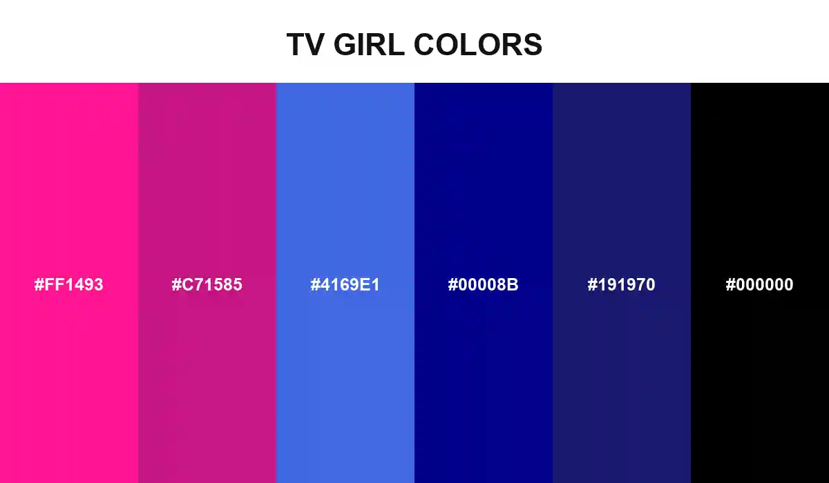 TV Girl Colors palette with Deep Pink, Medium Violet Red, Royal Blue, Dark Blue, Midnight Blue, and Black HEX values