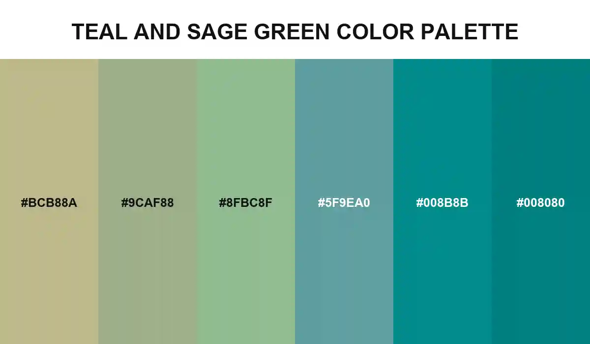 Teal and Sage Green Color Palette with Sage, Sage Green, Dark Sea Green, Cadet Blue, Dark Cyan, and Teal HEX values