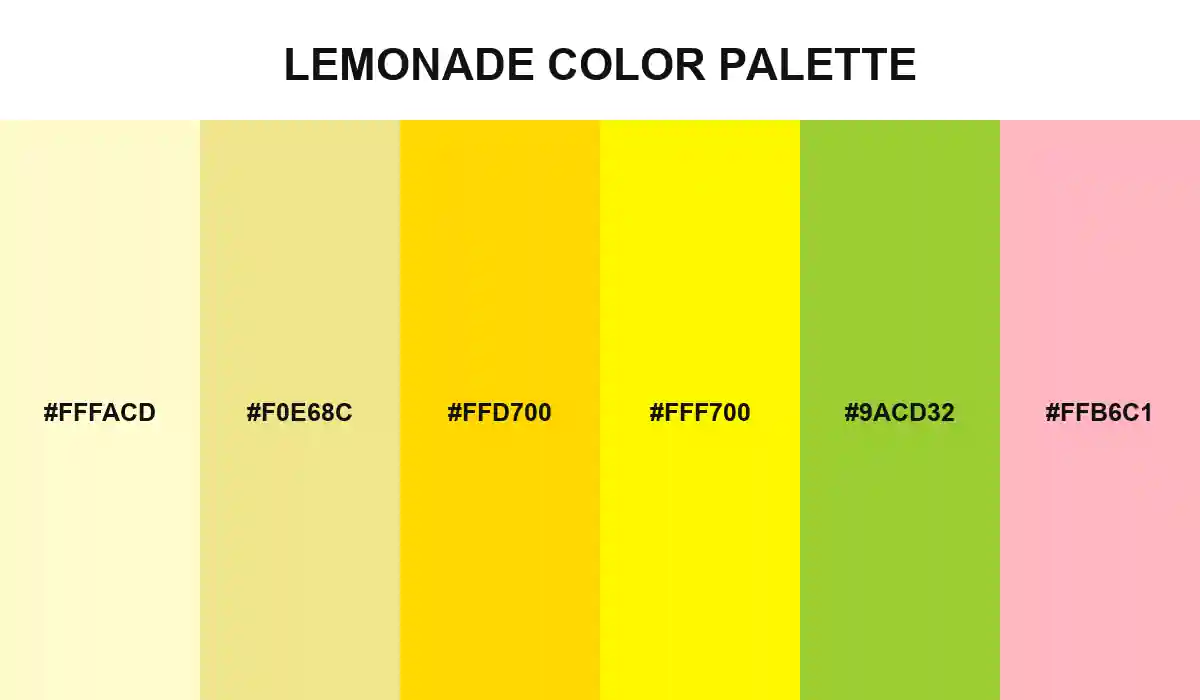 Lemonade Color Palette with Lemon Chiffon, Khaki, Gold, Lemon, Yellow Green, and Light Pink HEX values