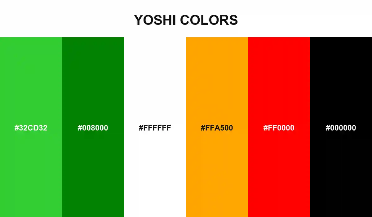 Yoshi Colors palette with Lime Green, Green, White, Orange, Red, and Black HEX values