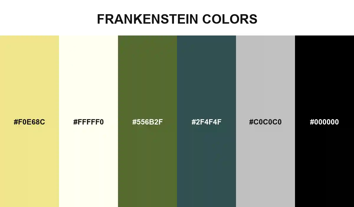 Frankenstein Colors palette with Khaki, Ivory, Dark Olive Green, Dark Slate Gray, Silver, and Black HEX values