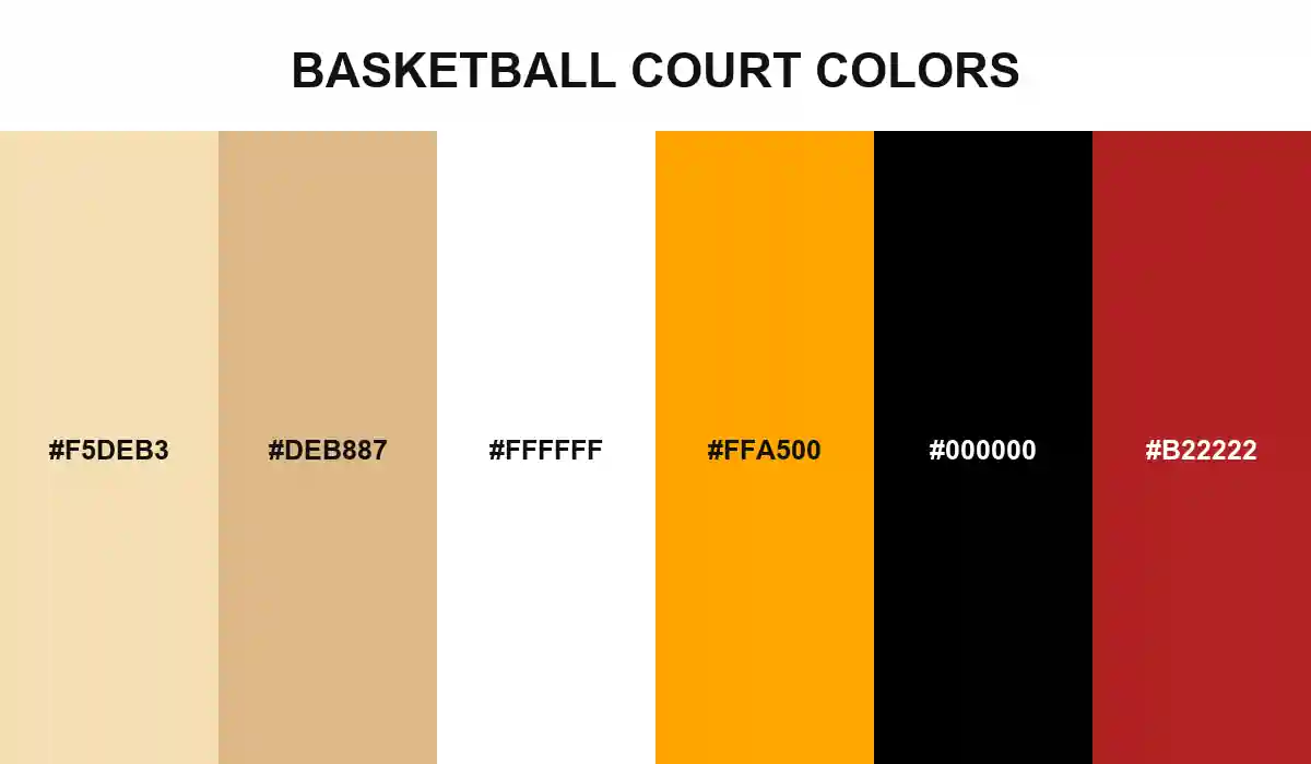 Basketball Court Colors palette with Wheat, Burly Wood, White, Orange, Black, and Fire Brick HEX values