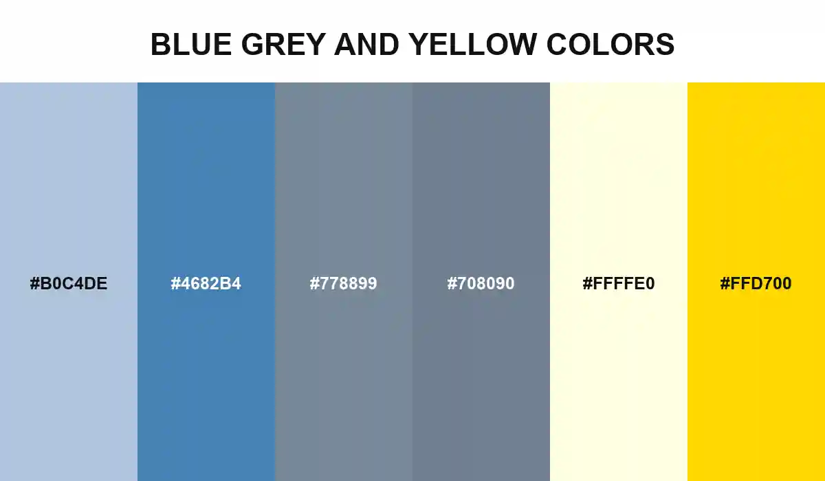 Blue Grey and Yellow Colors palette with Light Steel Blue, Steel Blue, Light Slate Gray, Slate Gray, Light Yellow, and Gold HEX values