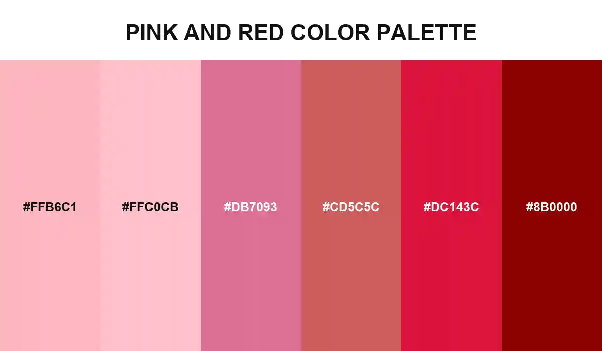 Pink and Red Color Palette with Light Pink, Pink, Pale Violet Red, Indian Red, Crimson, and Dark Red HEX values