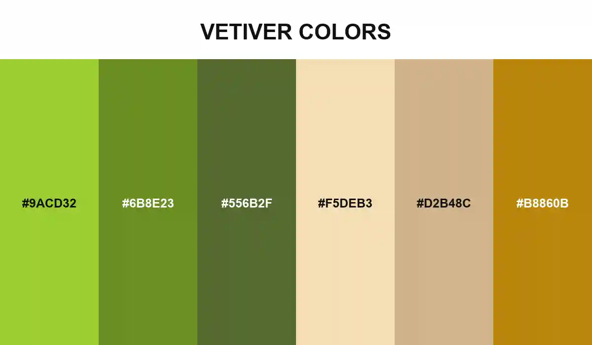 Vetiver Colors palette with Yellow Green, Olive Drab, Dark Olive Green, Wheat, Tan, and Dark Goldenrod HEX values