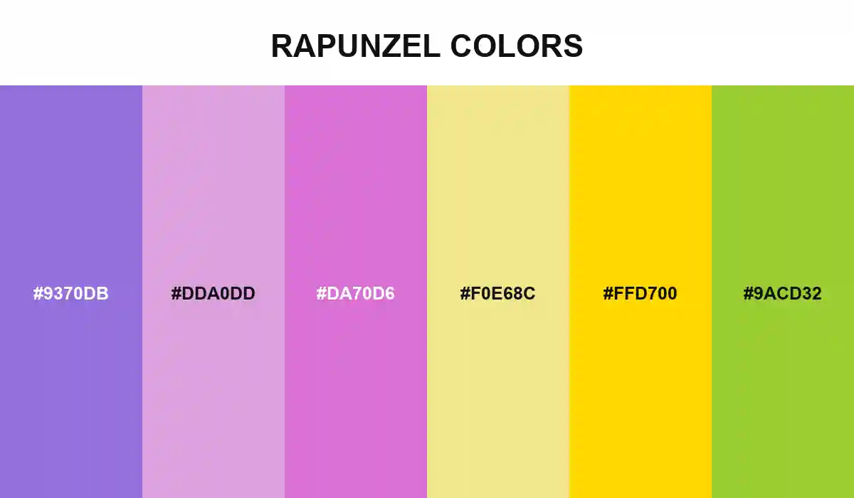 Rapunzel Colors palette with Medium Purple, Plum, Orchid, Khaki, Gold, and Yellow Green HEX values