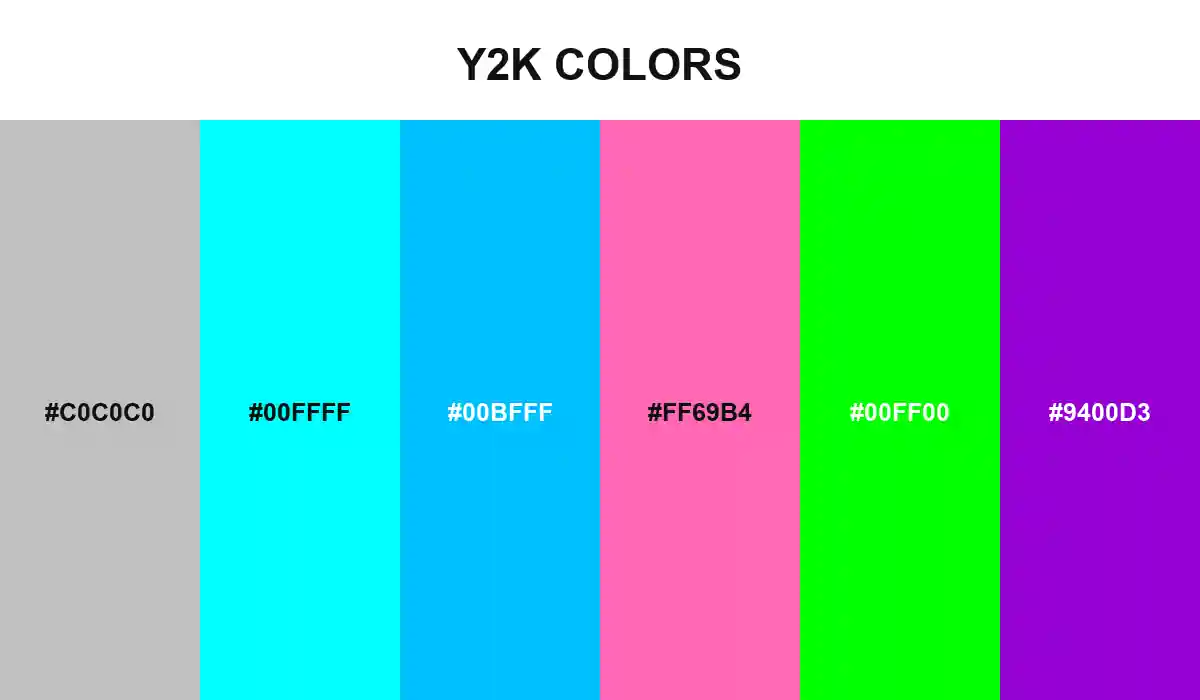 Y2K Colors palette with Silver, Aqua, Deep Sky Blue, Hot Pink, Lime, and Dark Violet HEX values