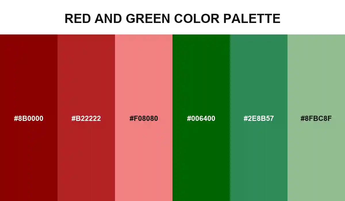 Red and Green Color Palette with Dark Red, Firebrick, Light Coral, Dark Green, Sea Green, and Dark Sea Green HEX values