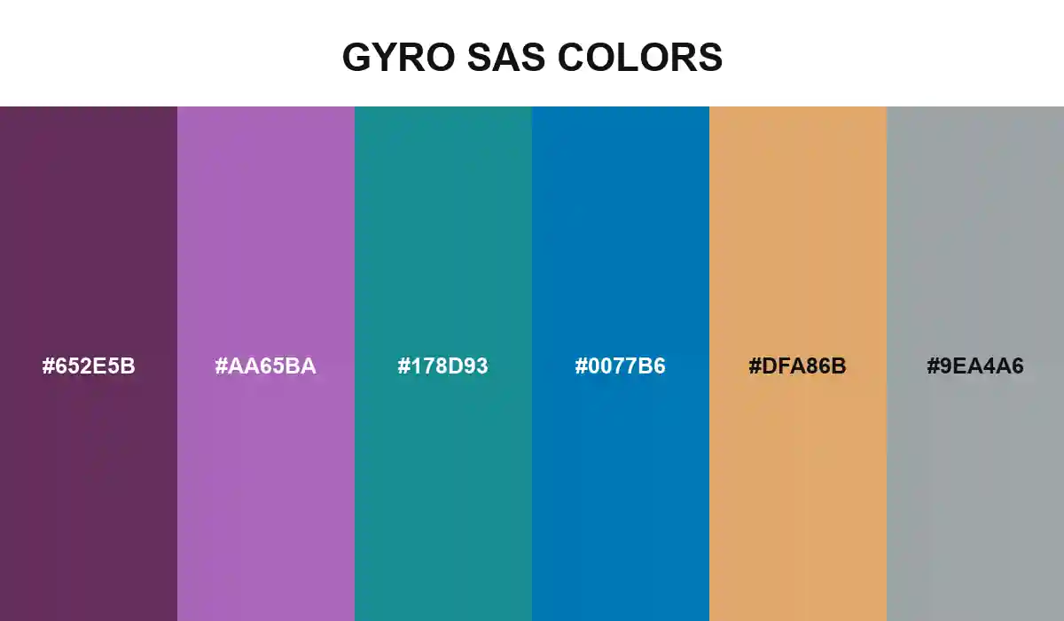 Gyro SAS Colors palette with Deep Purple, Orchid, Teal, Cobalt Blue, Camel, and Steel Gray HEX values
