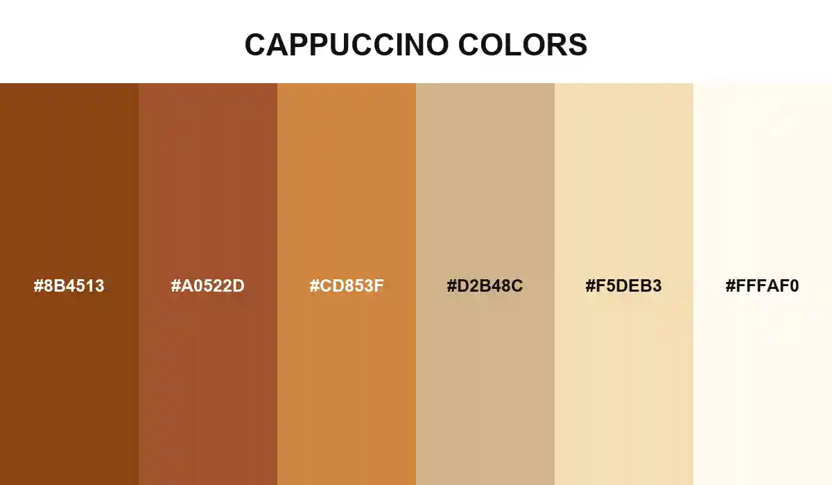 Cappuccino Colors palette with Saddle Brown, Sienna, Peru, Tan, Wheat, and Floral White HEX values