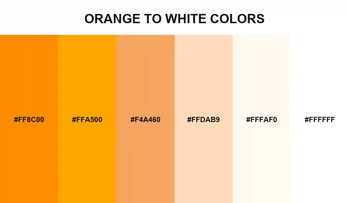 Orange to White Colors palette with Dark Orange, Orange, Sandy Brown, Peach Puff, Floral White, and White HEX values