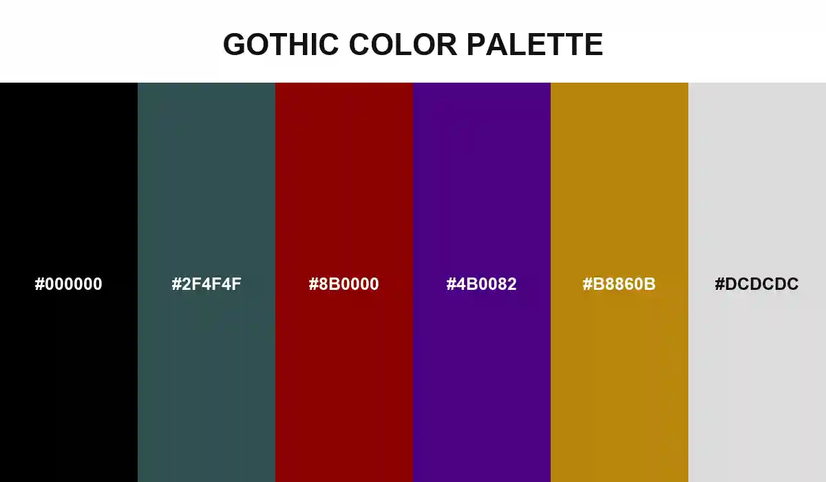 Gothic Color Palette with Black, Dark Slate Gray, Dark Red, Indigo, Dark Goldenrod, and Gainsboro HEX values
