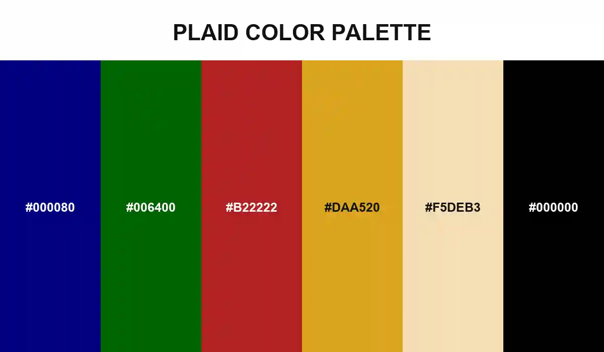 Plaid Color Palette with Navy, Dark Green, Firebrick, Goldenrod, Wheat, and Black HEX values