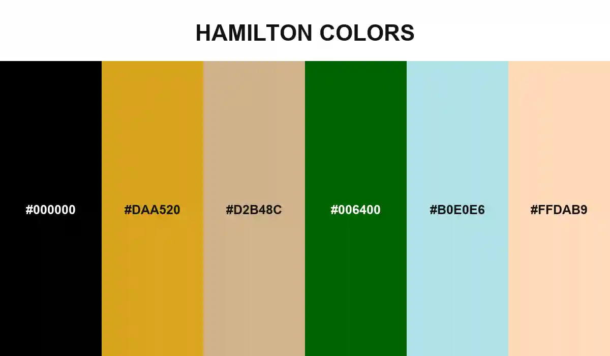 Hamilton Colors palette with Black, Goldenrod, Tan, Dark Green, Powder Blue, and Peach Puff HEX values