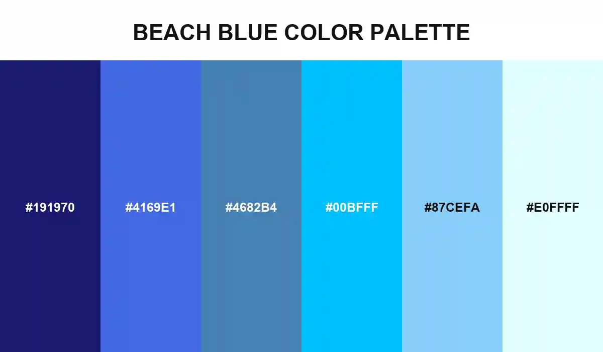 Beach Blue Color Palette with Midnight Blue, Royal Blue, Steel Blue, Deep Sky Blue, Light Sky Blue, and Light Cyan HEX values