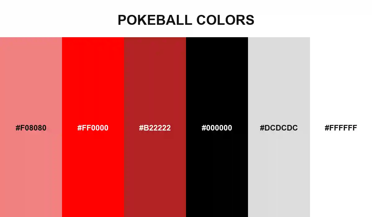 Pokeball Colors palette with Light Coral, Red, Fire Brick, Black, Gainsboro, and White HEX values