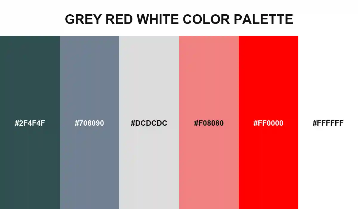 Grey Red White Color Palette with Dark Slate Gray, Slate Gray, Gainsboro, Light Coral, Red, and White HEX values