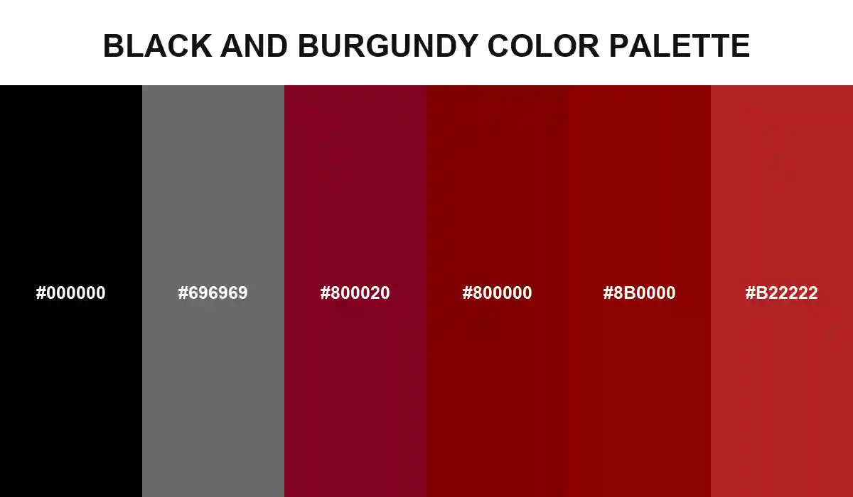 Black and Burgundy Color Palette with Black, Dim Gray, Burgundy, Maroon, Dark Red, and Fire Brick HEX values