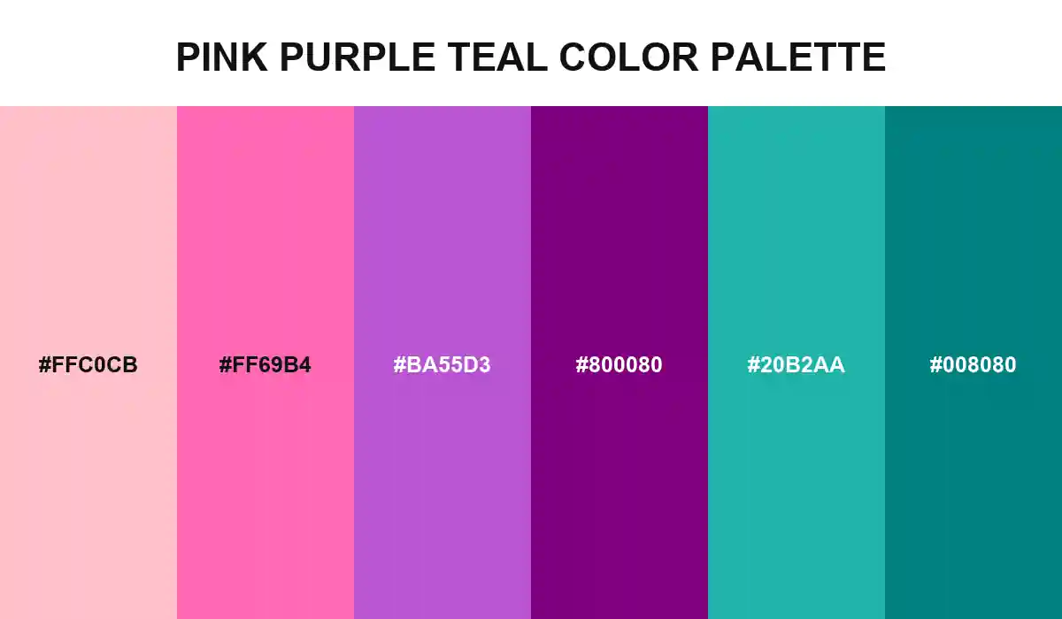 Pink Purple Teal Color Palette with Pink, Hot Pink, Medium Orchid, Purple, Light Sea Green, and Teal HEX values