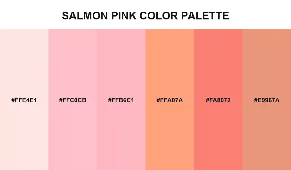 Salmon Pink Color Palette with Misty Rose, Pink, Light Pink, Light Salmon, Salmon, and Dark Salmon HEX values