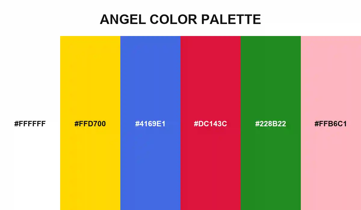 Angel Color Palette with White, Gold, Royal Blue, Crimson, Forest Green, and Light Pink HEX values