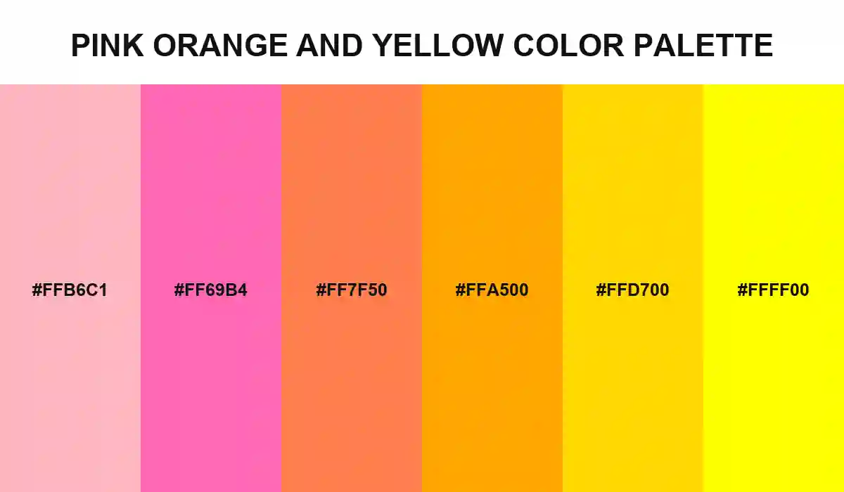 Pink Orange and Yellow Color Palette with Light Pink, Hot Pink, Coral, Orange, Gold, and Yellow HEX values