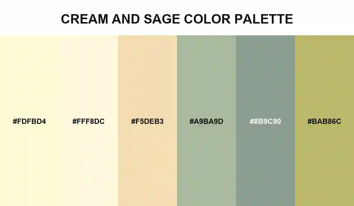 Cream and Sage Color Palette with Cream, Cornsilk, Wheat, Laurel Green, Sage Green, and Olive Green HEX values