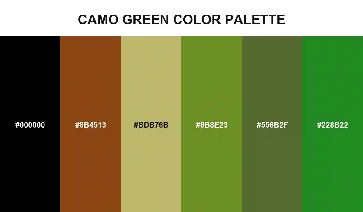 Camo Green Color Palette with Black, Saddle Brown, Dark Khaki, Olive Drab, Dark Olive Green, and Forest Green HEX values