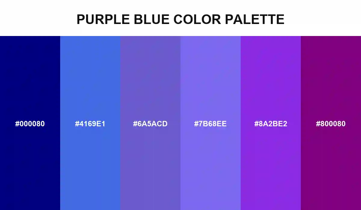 Purple Blue Color Palette with Navy, Royal Blue, Slate Blue, Medium Slate Blue, Blue Violet, and Purple HEX values