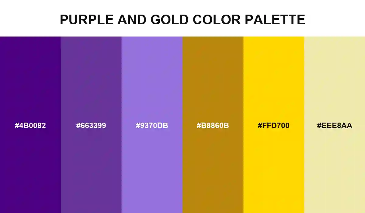 Purple and Gold Color Palette with Indigo, Rebecca Purple, Medium Purple, Dark Goldenrod, Gold, and Pale Goldenrod HEX values