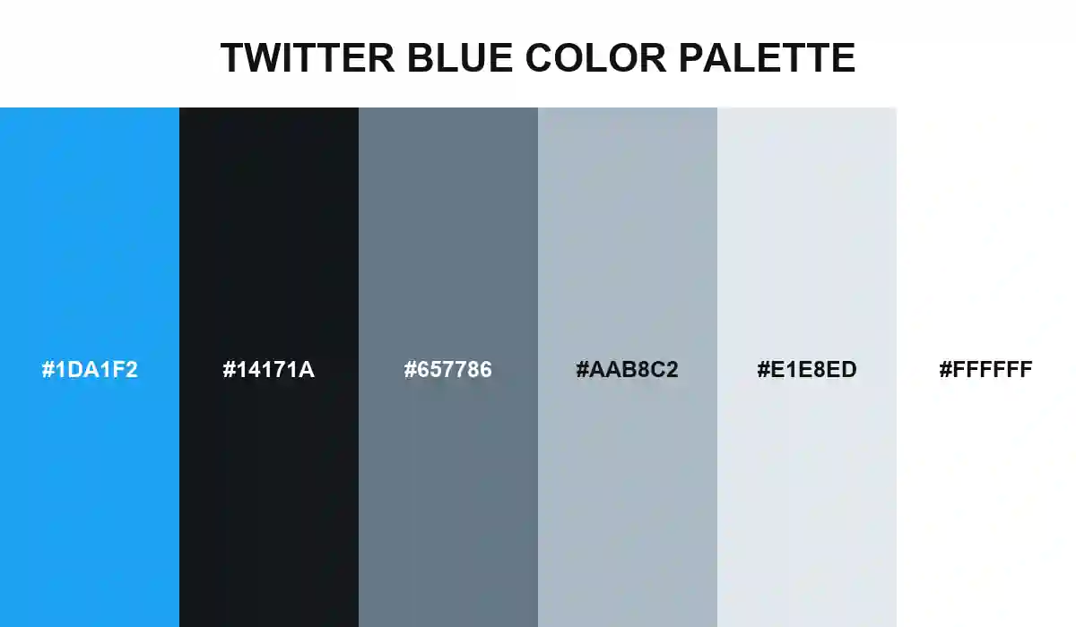 Twitter Blue Color Palette with Twitter Blue, Twitter Black, Dark Gray, Light Gray, Extra Light Gray, and White HEX values