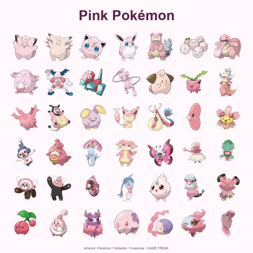 Pink Pokémon: collage of all 42 Pokémon featured in this guide