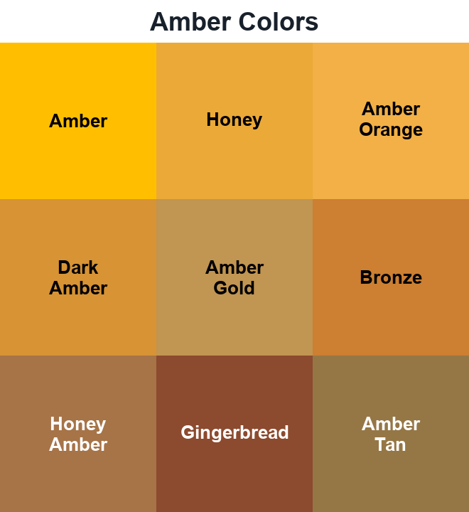 Amber Colors grid with nine labeled golden, orange, and warm brown swatches from the collection.