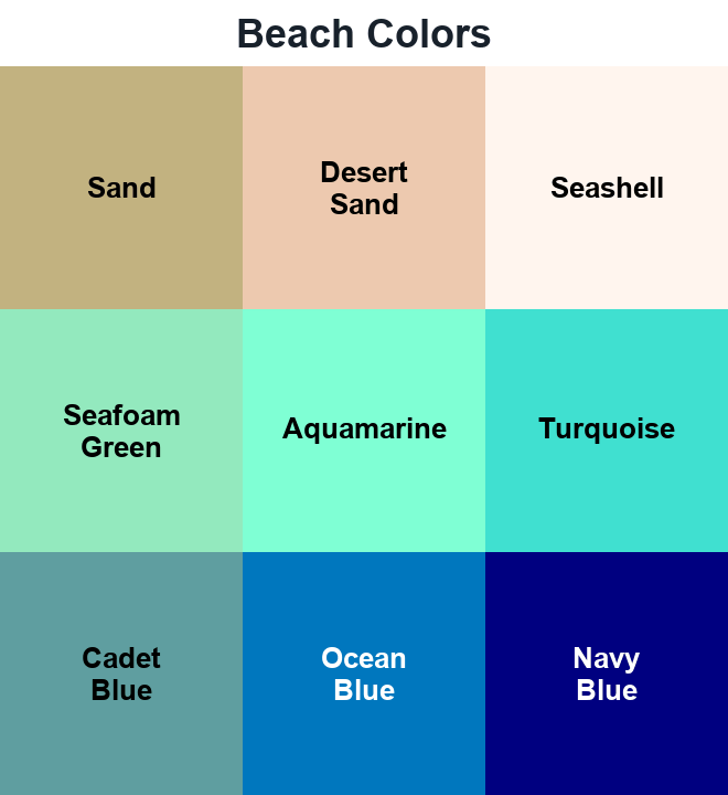 Beach Colors grid showing Sand, Desert Sand, Seashell, Seafoam Green, Aquamarine, Turquoise, Cadet Blue, Ocean Blue, and Navy Blue.