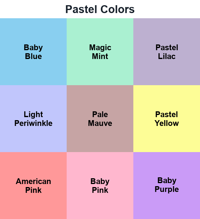 Pastel Colors grid with nine labeled swatches: Baby Blue, Magic Mint, Pastel Lilac, Light Periwinkle, Pale Mauve, Pastel Yellow, American Pink, Baby Pink and Baby Purple