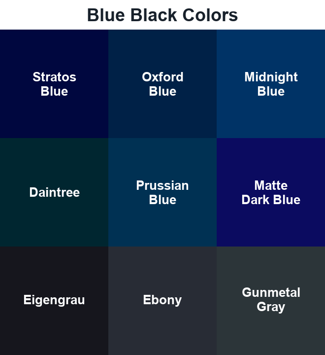 Blue Black Colors grid showing Stratos Blue, Oxford Blue, Midnight Blue, Daintree, Prussian Blue, Matte Dark Blue, Eigengrau, Ebony, and Gunmetal Gray.