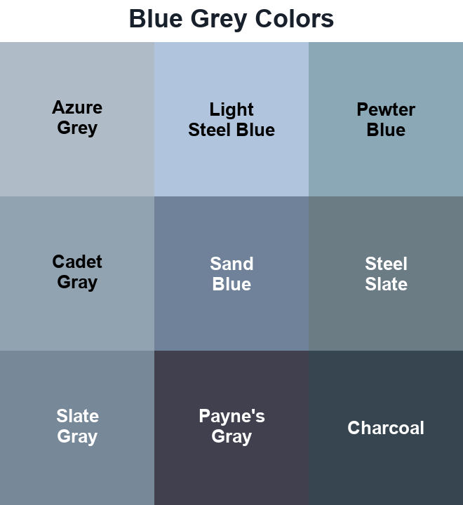 Blue Grey Colors grid showing Azure Grey, Light Steel Blue, Pewter Blue, Cadet Gray, Sand Blue, Steel Slate, Slate Gray, Payne’s Gray, and Charcoal.