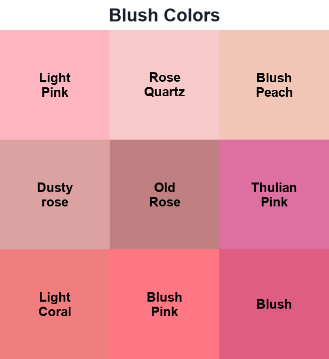 Blush Colors grid showing Light Pink, Rose Quartz, Blush Peach, Dusty Rose, Old Rose, Thulian Pink, Light Coral, Blush Pink, and Blush.