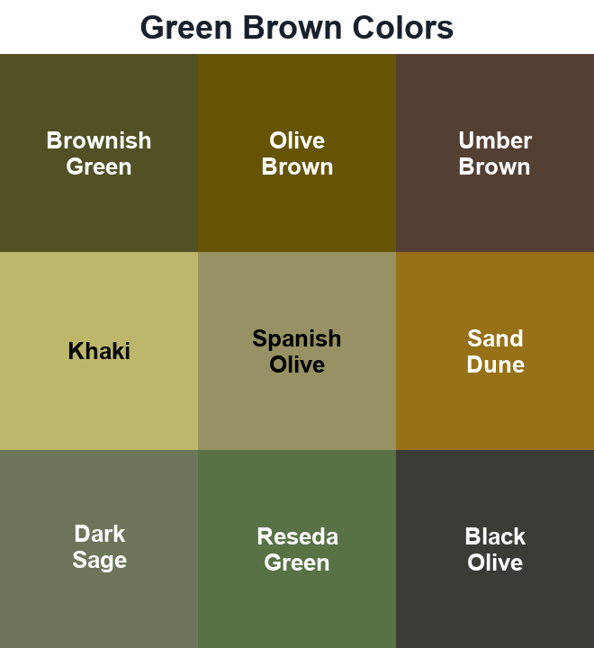 Green Brown Colors grid showing Brownish Green, Olive Brown, Umber Brown, Khaki, Spanish Olive, Sand Dune, Dark Sage, Reseda Green, and Black Olive.