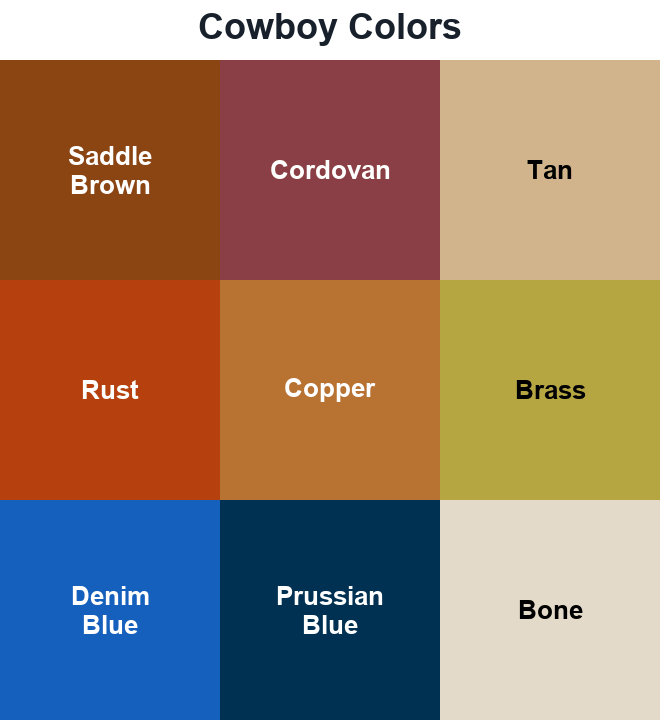 Cowboy clothing color swatches: Saddle Brown, Cordovan, Tan, Rust, Copper, Brass, Denim Blue, Prussian Blue, Bone.