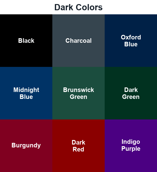 Dark color swatches: Black, Charcoal, Oxford Blue, Midnight Blue, Brunswick Green, Dark Green, Burgundy, Dark Red, and Indigo Purple.