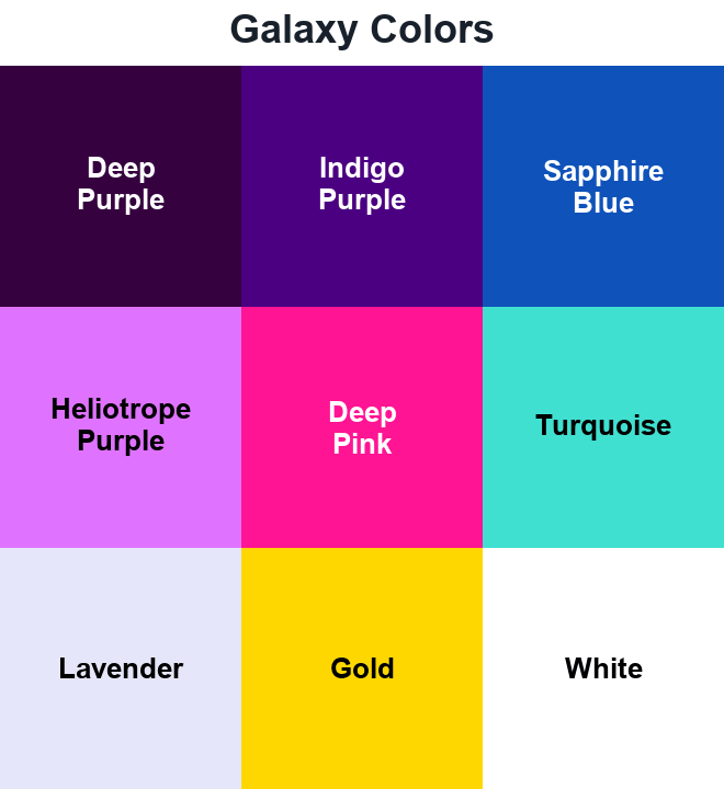 Galaxy Colors swatches: Deep Purple, Indigo Purple, Sapphire Blue, Heliotrope Purple, Deep Pink, Turquoise, Lavender, Gold, White.