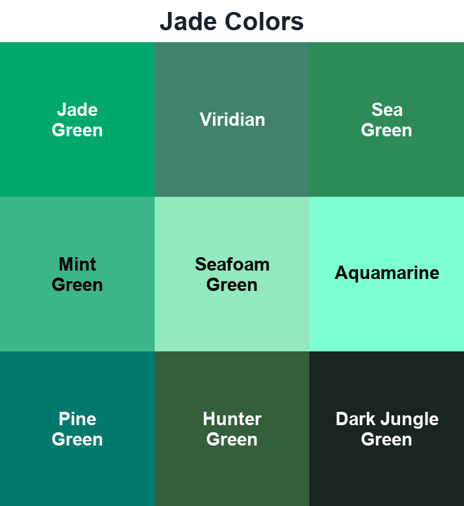 Jade Colors swatches: Jade Green, Viridian, Sea Green, Mint Green, Seafoam Green, Aquamarine, Pine Green, Hunter Green, Dark Jungle Green.