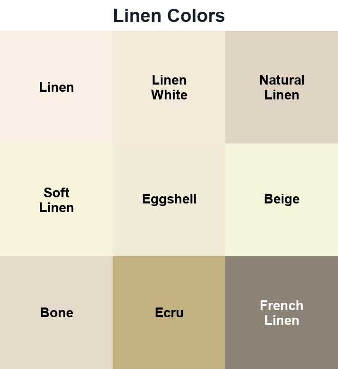 Linen Colors swatches: Linen, Linen White, Natural Linen, Soft Linen, Eggshell, Beige, Bone, Ecru, French Linen.